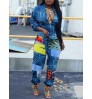 LW Street Turndown Collar Print Blue One-piece Jumpsuit