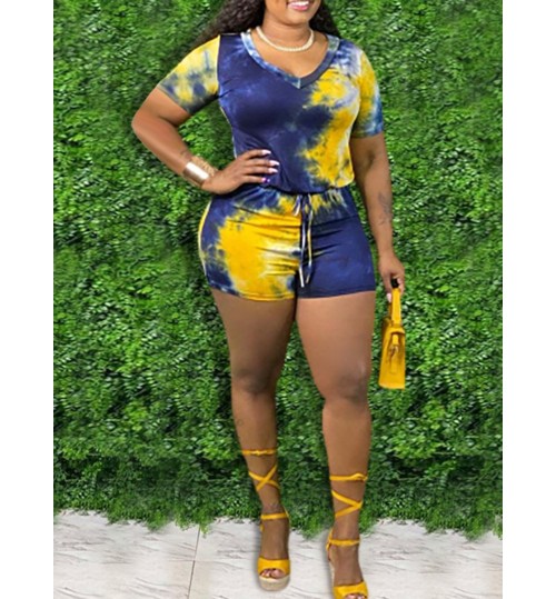 LW Street Tie Dye Drawstring Blue One-piece Romper