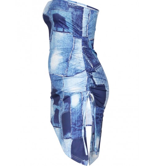LW Imitation Denim Off The Shoulder Bodycon Dress