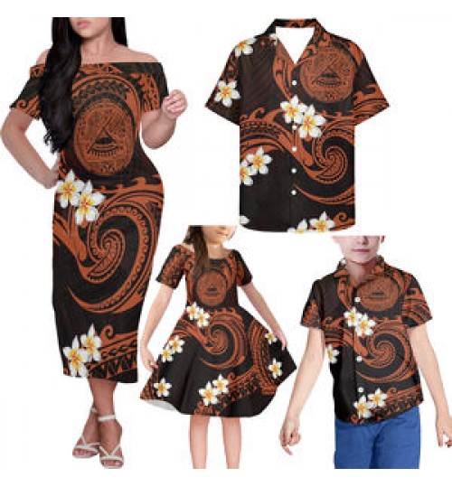 Tribal Printed Samoan Mom And Me Dress Sets For Party Brown Dress For Mother And Daughter Polynesian Matching Outfits For Family