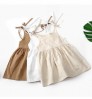 Toddlers Girls' Summer Soft Solid Cotton Hemp Pocket Sling Dress Lace Children's Sling Dress Girl's Clothing