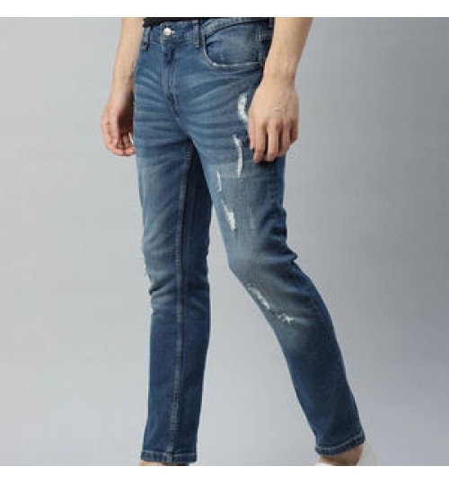 Men's fashion custom logo High quality new Skinny Fit Mildly Distressed Stretchable wash Stained blue Man's ripped jeans
