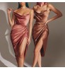 summer fashion ladies sexy split satin sundress 2022 slim temperament suspender skirt party club evening womens casual dresses