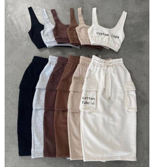 Cotton fabric custom logo high waist jogger cargo women skirt sets two piece outfits midi skirt top sets