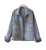 Women's Clothing Wholesale Spring Fall Plus Size Jeans Coat Leopard Patchwork Pocket Ripped Denim Jacket