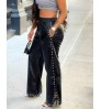 Europe and the United States women's solid color loose wide leg pocket PU leather pants