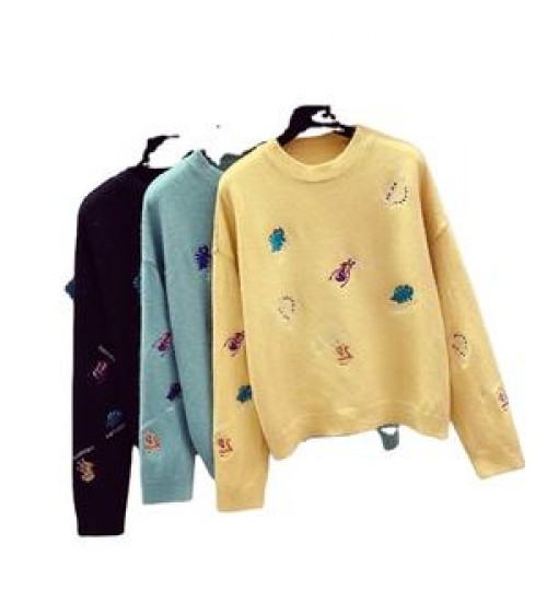 Wholesale women's sweater fashion temperament commuter round neck pullover knitted stitching sweater