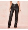 Wholesale Ladies PU Trousers Fall Winter Fashion Clothing High Waist Thick Solid Black Leather Pants Women